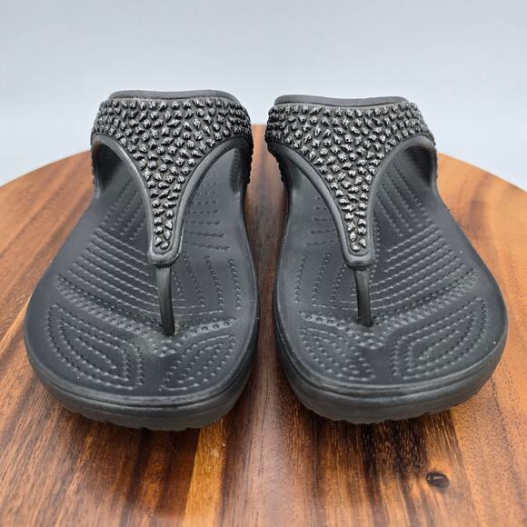 Crocs Sloane Sandals Womens 7 Black Embellished Thong Slip On Comfort Flip Flops - Picture 2 of 7